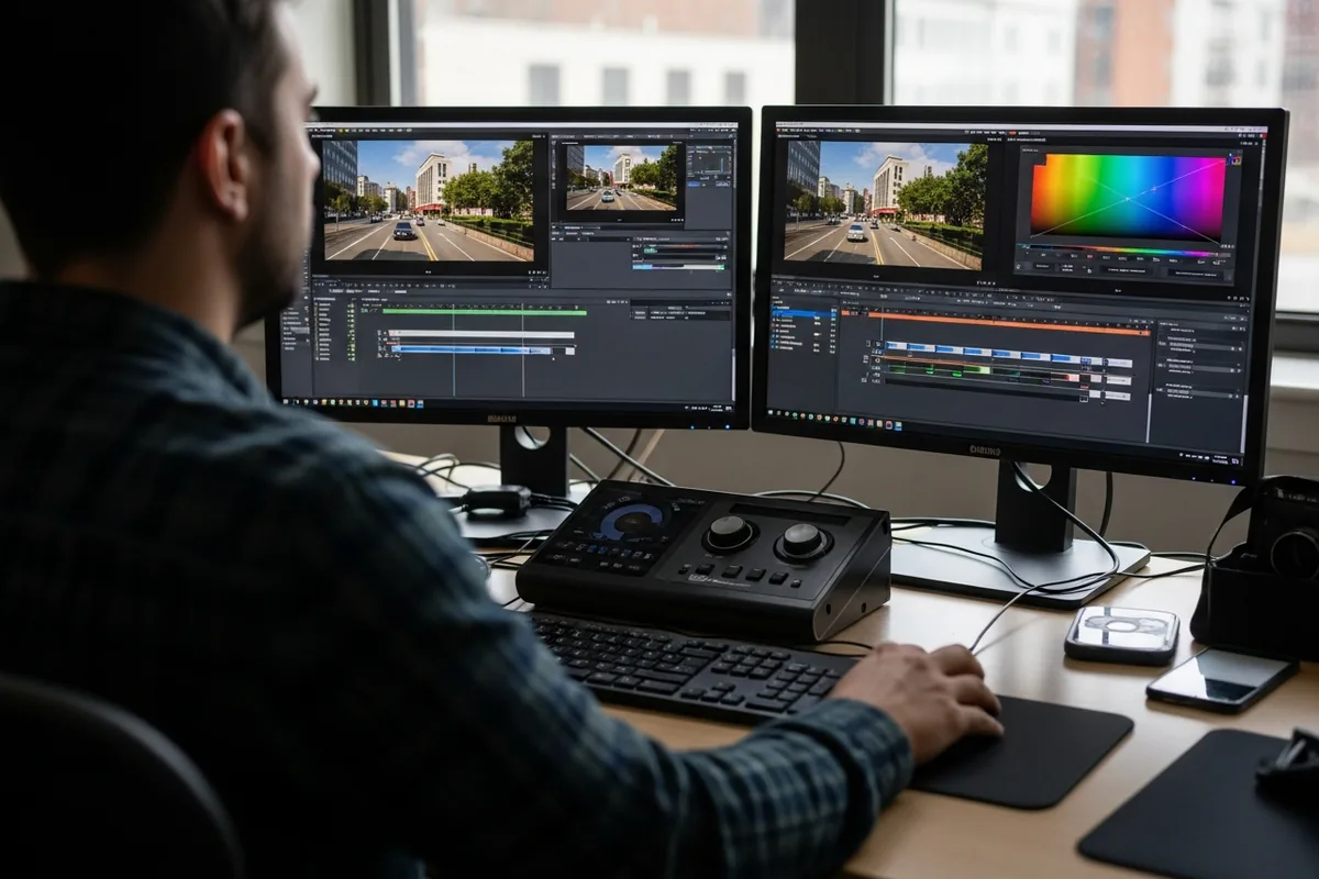 Chicago Video Content Production, a video editor working at an editing workstation, over the shoulder