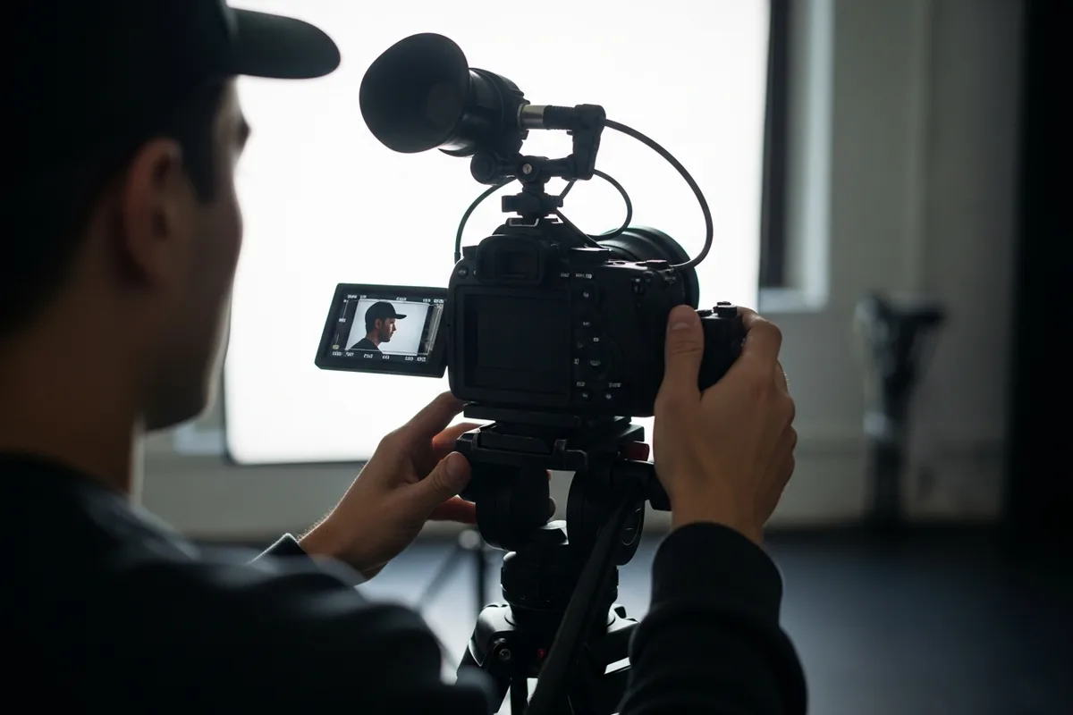 Chicago Video Content Production, a videographer filming a shoot with a cinema camera, hands on camera