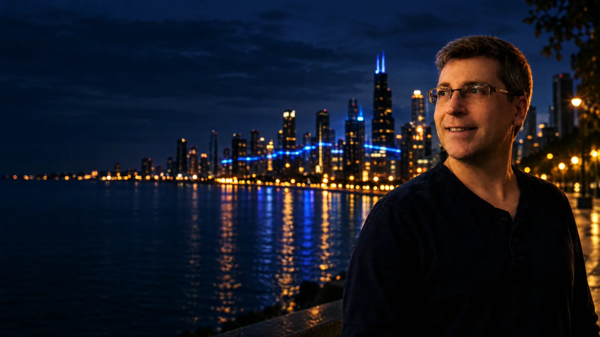 Chicago SEO Consultant, the Chicago skyline at blue hour reflected in the river