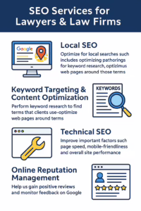 Infographic showing four core SEO services for lawyers and law firms: Local SEO with Google map pin, Keyword Targeting and Content Optimization with search results, Technical SEO with gears and browser window, and Online Reputation Management with star reviews. Blue, white, and gold professional design.